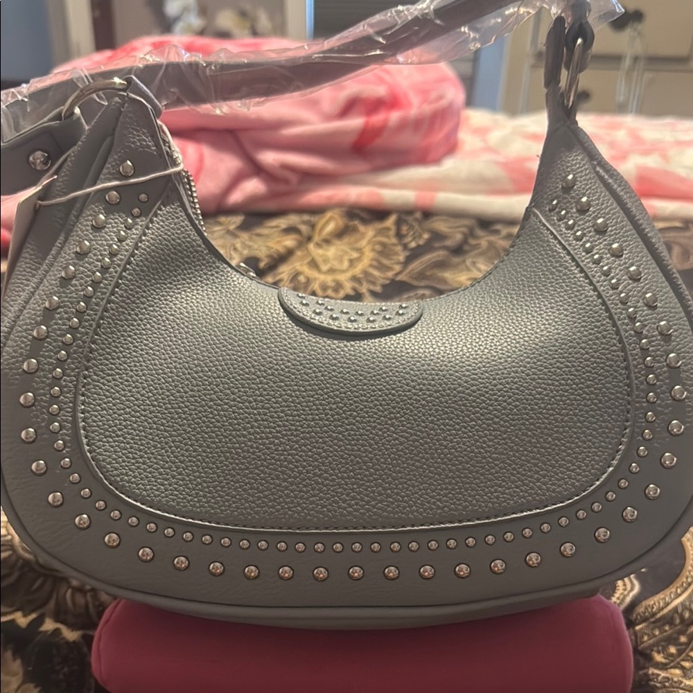Studded Blue Gray Shoulder moon Bag withh silver hardware